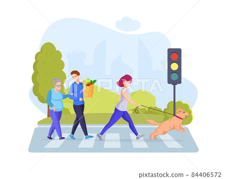 People walking on crosswalk crossing avenue road with traffic light. Pedestrians going at cityscape. Volunteer male help elderly woman, female with dog crosses road at pedestrian crossing People walking on crosswalk crossing avenue road with traffic light. Pedestrians going at cityscape. Volunteer male help elderly woman, female with dog crosses road at pedestrian crossing 84406572