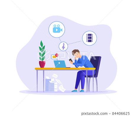 Relaxed man sitting wasting time for music and entertainment instead of working under tasks. Worker employee male procrastination of office work. Procrastinating and laziness, deadline failure Relaxed man sitting wasting time for music and entertainment instead of working under tasks. Worker employee male procrastination of office work. Procrastinating and laziness, deadline failure 84406625