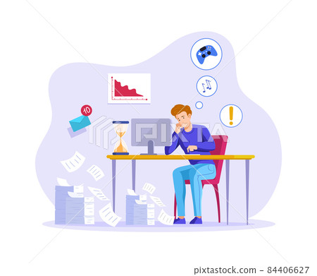 Relaxed man sitting wasting time for games and entertainment instead of working under tasks. Procrastination male office employee worker at workplace with burning date. Deadline failure 84406627
