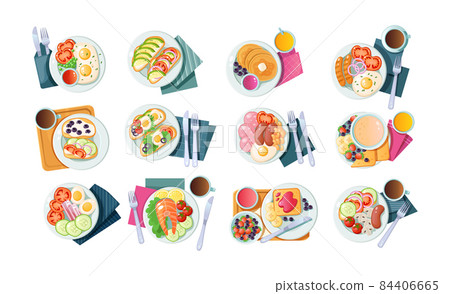 Collection of morning healthy food top view. Set classic breakfast dish tasty fresh brunch 84406665