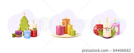 Set of burning wax candles with fire flame on light background. Christmas, scented wax candles for home, romance, aromatherapy or birthday. Cozy decor for spa, fragrance, holiday or romantic 84406682