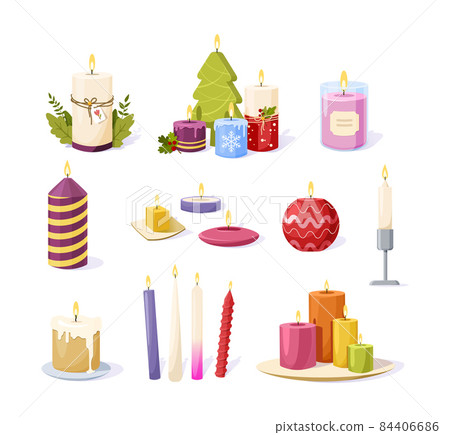 Collection of wax candles fire flame. Cosiness decor for spa, fragrance, holiday or romantic vector Collection of wax candles fire flame. Cosiness decor for spa, fragrance, holiday or romantic vector 84406686