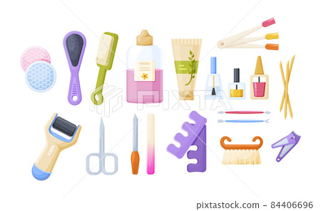 Collection of manicure, pedicure tools and cosmetics. Set of equipment for nails legs hands care 84406696