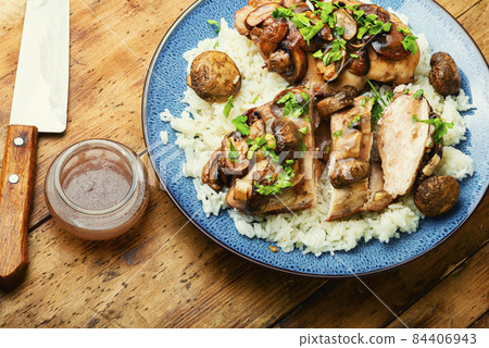 Chicken with mushroom sauce. Chicken with mushroom sauce. 84406943