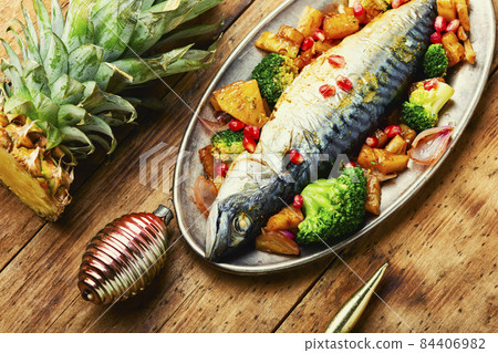 Roasted mackerel fish,wooden surface 84406982