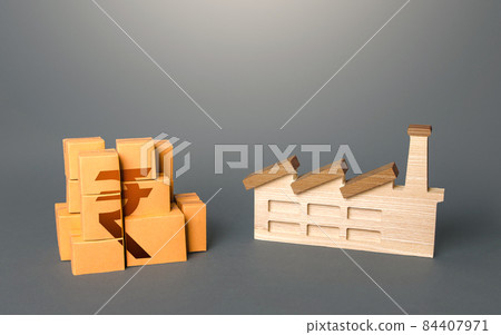 Industrial factory and indian rupee product boxes. Investment in expansion of production. Support manufactures. National economy, domestic production of goods. Logistic transportation. 84407971