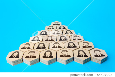 Company employees in a hierarchical pyramid. Classic form of organizational management. Personnel management. Human resources, headhunting. Corporate culture. Reliable structure of business company. Company employees in a hierarchical pyramid. Classic form of organizational management. Personnel management. Human resources, headhunting. Corporate culture. Reliable structure of business company. 84407998