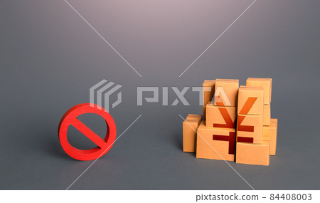 Chinese yuan or japanese yen goods boxes and prohibition symbol NO. Trade wars. A ban on import of goods. Oversupply. Confiscation of contraband. Shortage of goods. Sanctions and embargo. Chinese yuan or japanese yen goods boxes and prohibition symbol NO. Trade wars. A ban on import of goods. Oversupply. Confiscation of contraband. Shortage of goods. Sanctions and embargo. 84408003