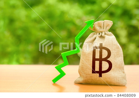 Thai baht money bag and green up arrow. Exchange rate. Investment attraction. Loans subsidies. Budget growth. Raising taxes. Deposit interest. Financial instruments. Growth of the national economy. Thai baht money bag and green up arrow. Exchange rate. Investment attraction. Loans subsidies. Budget growth. Raising taxes. Deposit interest. Financial instruments. Growth of the national economy. 84408009