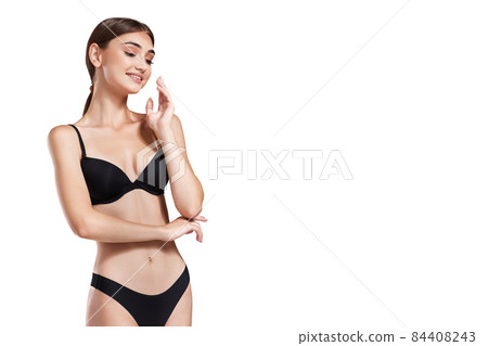 beautiful slim woman with perfect body in black underwear 84408243