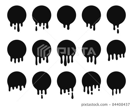 Isolated dripping paint. Drop melting blobs, circle fluid banners. Sauce flows, ink dropping stickers. Sale stickers, black silhouettes decent vector kit Isolated dripping paint. Drop melting blobs, circle fluid banners. Sauce flows, ink dropping stickers. Sale stickers, black silhouettes decent vector kit 84408437