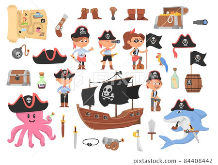 Pirate characters. Pirates ship, treasure wood chest. Isolated ocean adventures elements, funny octopus and shark. Children play in costume, decent vector kit 84408442