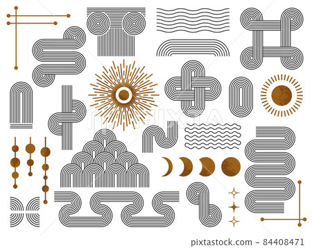 Mid century design. Minimal geometric bohemian print, geometria contemporary art style. Scandinavian simple shapes, moon and sun, swanky vector set Mid century design. Minimal geometric bohemian print, geometria contemporary art style. Scandinavian simple shapes, moon and sun, swanky vector set 84408471