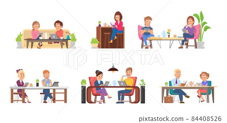 Cartoon people in cafe. Meeting in restaurant, girlfriend eat at table with friend. Drink time, office dinner. Business partners lunch decent vector scenes 84408526