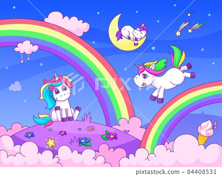 Funny unicorn background. Sweet fairy unicorns, cute pony on rainbow. Beauty cartoon animals, magic wonderland. Garish vector landscape for kids Funny unicorn background. Sweet fairy unicorns, cute pony on rainbow. Beauty cartoon animals, magic wonderland. Garish vector landscape for kids 84408531