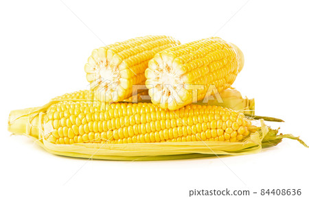Corn cobs on white background. raw corn with green leaves on a white background Corn cobs on white background. raw corn with green leaves on a white background 84408636
