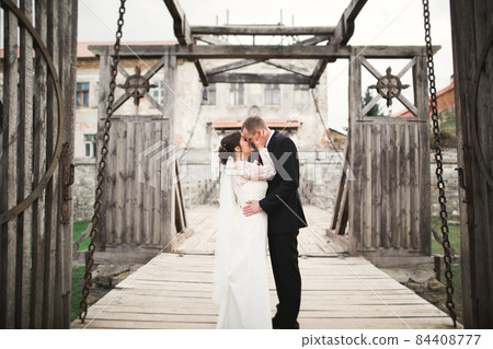 Amazing happy gentle stylish beautiful romantic caucasian couple on the background ancient baroque castle 84408777