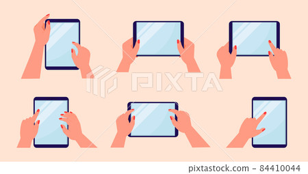 Tablet, smartphone in hands and touch empty screen. Mockup of multi touchscreens of mobile devices vector set. Tablet, smartphone in hands and touch empty screen. Mockup of multi touchscreens of mobile devices vector set. 84410044