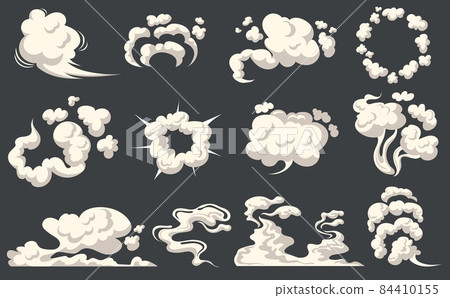 Cartoon dust clouds. Comic cloud shape, spray air smoke, fog road, explosion bomb, car gas, puff magic effect, steam wind silhouette, spooky fume smog 84410155