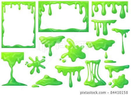 Slime frame. Cartoon mucus green goo drip sticky slimy mucus, liquid splash splatter, viscous snot, blob poison, splodge glow glue jelly, neat vector icon 84410158