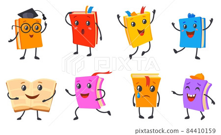 Cute textbook characters. Cute books literature books with sad face eyes hands, funny school book mascot, childish emoji, cartoon icon neat vector illustration 84410159