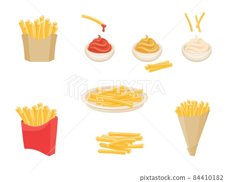 French fries in box. Fried potatoes, potato chips on plate and paper cone, fast food red cardboard, dipping sauce ketchup, mayonnaise and mustard, cartoon set exact vector 84410182