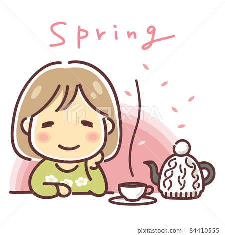 一個女人享受茶（春天）的插圖 84410555