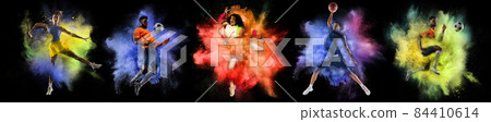 Collage with professional football players and boxer posing in explosion of paints and colorful powder. Sport, fashion, show concept 84410614
