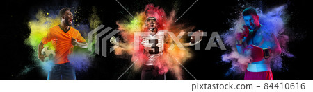 Collage with professional football players and boxer posing in explosion of paints and colorful powder. Sport, fashion, show concept 84410616