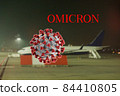 Omicron SARS mutation variant B.1.1.529 travel flying restrictions concept with title. 84410805