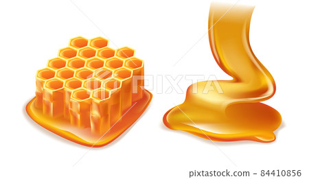 Sweet honey comb and flowing honey on white background, realistic vector illustration 84410856