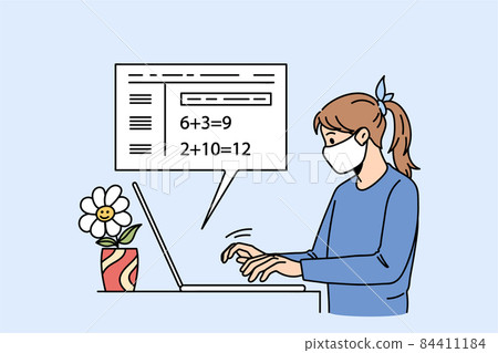 Sick girl in facemask study online on computer  84411184