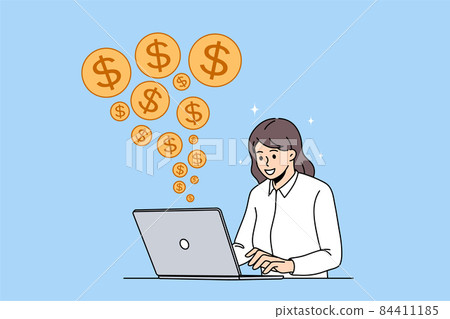 Smiling businesswoman earn working online on computer Smiling businesswoman earn working online on computer 84411185