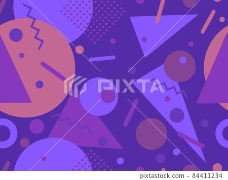 Geometric seamless pattern in 80s memphis style. Abstract geometric background design for brochures, banners and advertisements. 80s - 90s style wrapping paper pattern. Vector illustration Geometric seamless pattern in 80s memphis style. Abstract geometric background design for brochures, banners and advertisements. 80s - 90s style wrapping paper pattern. Vector illustration 84411234