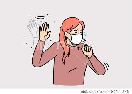 Unhealthy woman in facemask cough and sneeze Unhealthy woman in facemask cough and sneeze 84411286