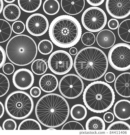 Seamless pattern with bicycle wheels. Bike rubber tyre silhouettes. Fitness cycle, road and mountain Seamless pattern with bicycle wheels. Bike rubber tyre silhouettes. Fitness cycle, road and mountain 84411406