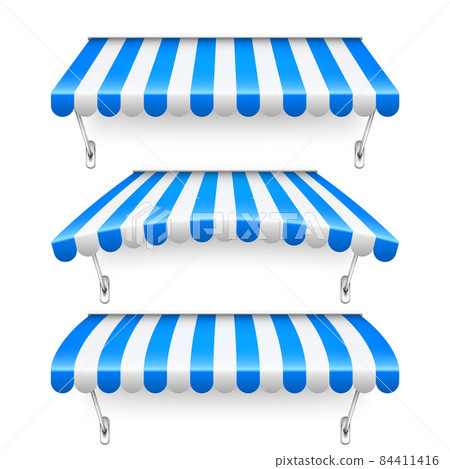 Shop sunshade with metal mount. Realistic blue striped cafe awning. Outdoor market tent. Roof canopy Shop sunshade with metal mount. Realistic blue striped cafe awning. Outdoor market tent. Roof canopy 84411416