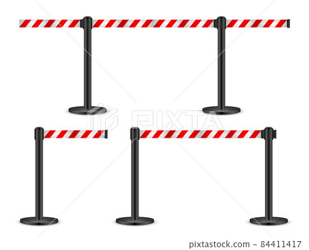 Realistic vector retractable belt stanchion. Crowd control barrier posts with caution strap. Queue Realistic vector retractable belt stanchion. Crowd control barrier posts with caution strap. Queue 84411417