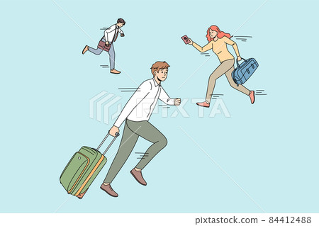 Anxious people run with baggage no miss plane  84412488