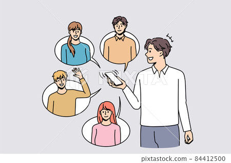 Smiling guy communicate on cellphone with friends  84412500