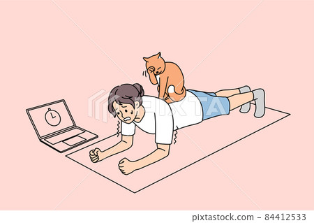 Sporty woman stand in plank with cat on back  84412533