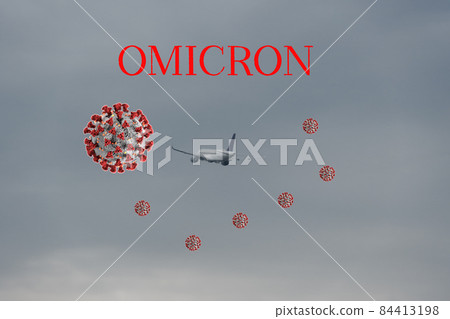 Omicron SARS mutation variant B.1.1.529 travel flying restrictions concept, with title. Omicron SARS mutation variant B.1.1.529 travel flying restrictions concept, with title. 84413198