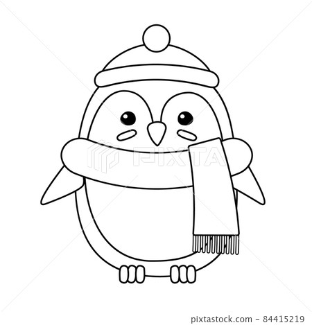 Vector flat outline penguin in hat and scarf Vector flat outline penguin in hat and scarf 84415219