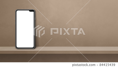 Mobile phone on brown wall shelf. Background banner Mobile phone on brown wall shelf. Background banner 84415439