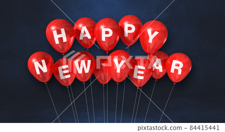Red happy new year balloons on a black concrete background. Horizontal banner Red happy new year balloons on a black concrete background. Horizontal banner 84415441