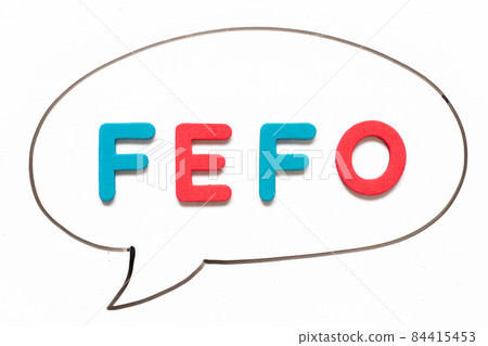Alphabet letter with word FEFO (Abbreviation of first expired first out) in black line hand drawing as bubble speech on white board background Alphabet letter with word FEFO (Abbreviation of first expired first out) in black line hand drawing as bubble speech on white board background 84415453
