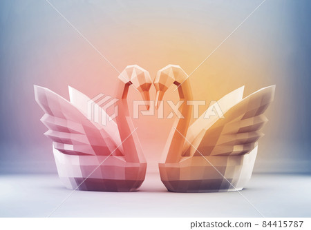 Polygonal Swans, two swans love concept, 3d rendered 84415787