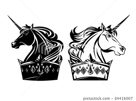 royal unicorn horse in king crown black and white vector head portrait set royal unicorn horse in king crown black and white vector head portrait set 84416007