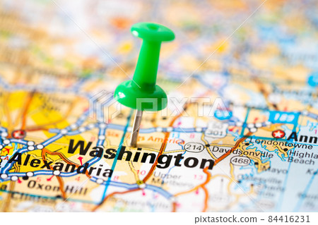 Bangkok, Thailand, June 1, 2021 Washington, road map with green pushpin, city in the United States of America USA. Bangkok, Thailand, June 1, 2021 Washington, road map with green pushpin, city in the United States of America USA. 84416231
