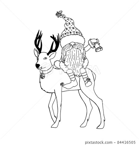 Black and white illustration of line art cartoon gnome holding gift bag Black and white illustration of line art cartoon gnome holding gift bag 84416505